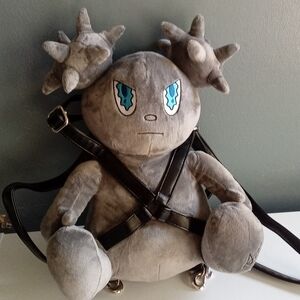 Grey Spiky Plush Character Backpack with Harness Straps Alt Gothic Streetwear